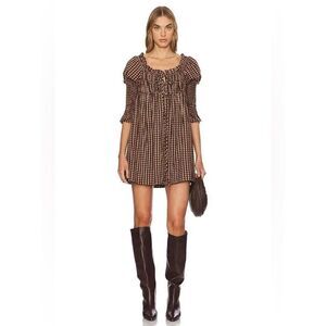 New FREE PEOPLE Star Dip Mini Boho 3/4 Sleeve Dress in Black Brown Size M